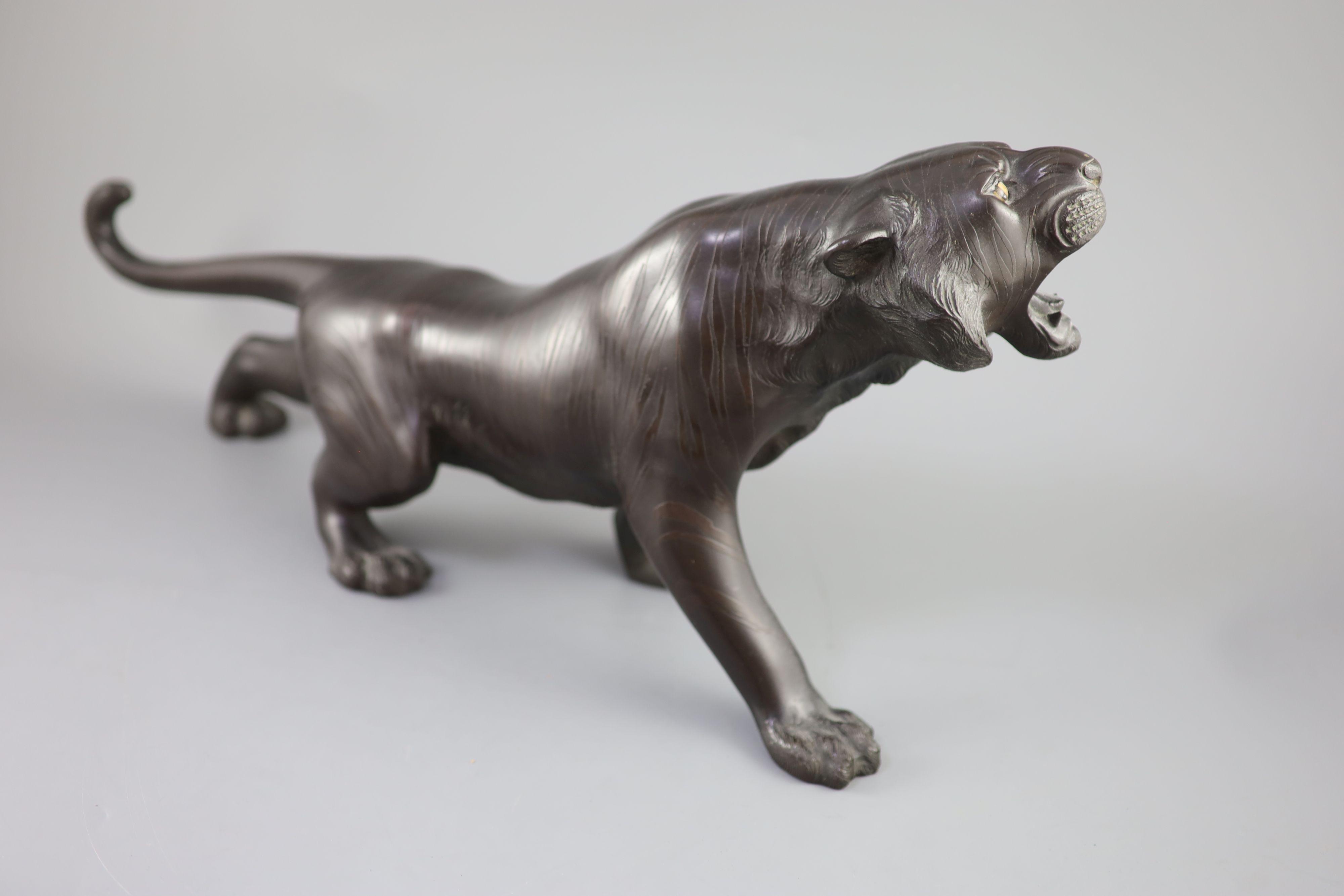 A large Japanese bronze figure of a tiger, Meiji period 61 cm long, on a wood base